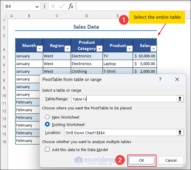 PivotTable from table or range dialog box
