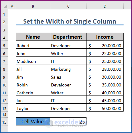 Sample Dataset for setting single column width in Excel VBA