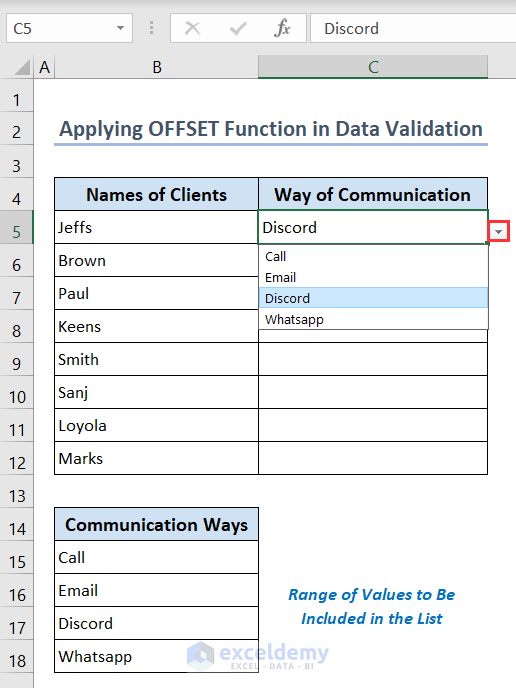 Showing drop-down list created using OFFSET function