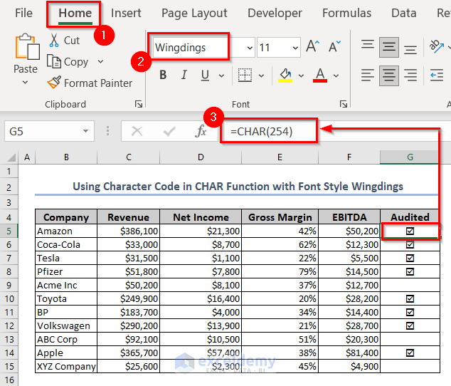 Using CHAR Function with Font Style Wingdings to Insert Check Mark
