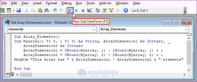 Using VBA to Get Array Dimensions with Elements Numbers in Excel