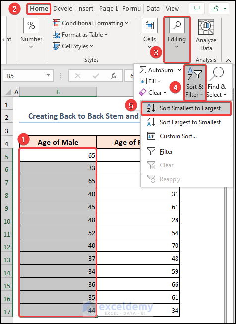 Using the sort and filter option to sort data in ascending order