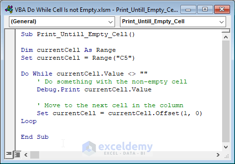 code to use do while to print until cell is empty