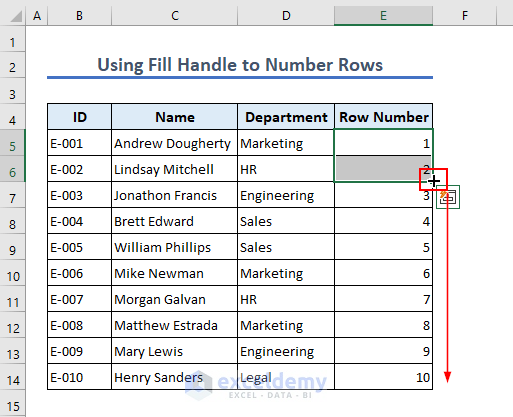 using Fill handle to number rows