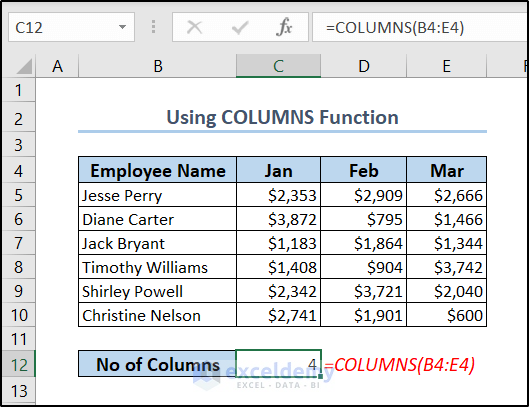 using columns function to count columns