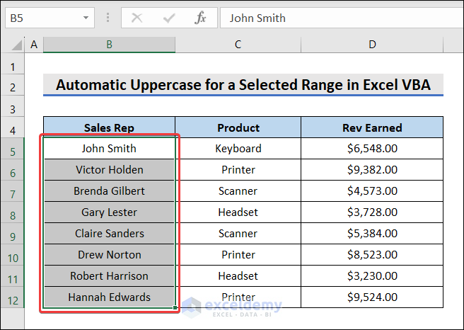 dataset for Automatic Uppercase for a Selected Range in Excel VBA