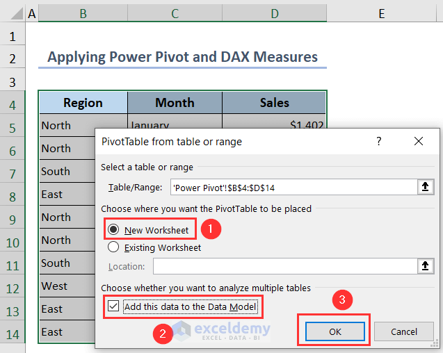 Choosing options from PivotTable from table or range window