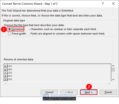 Convert Text to Columns Wizard- Step 1 window appears