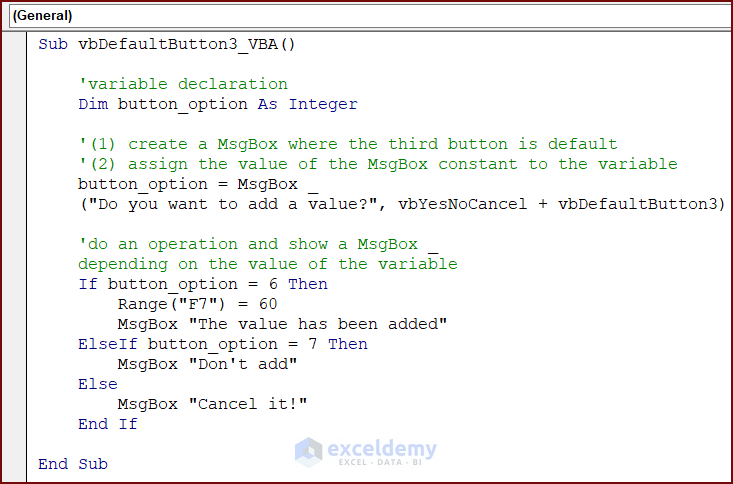VBA Code for MsgBox with Third Default Button