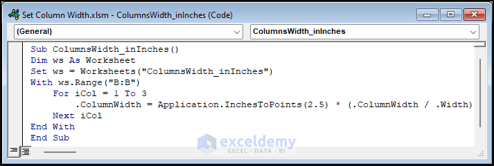 VBA Code to set Column width in Inches