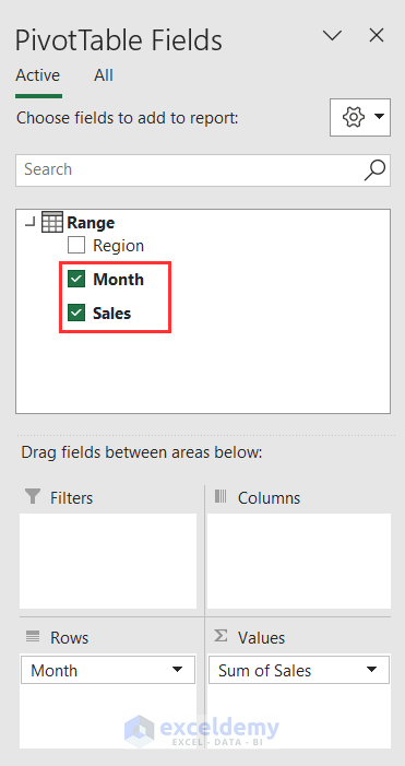 Selecting values to automatically add into different fields under PivotTable Fields window