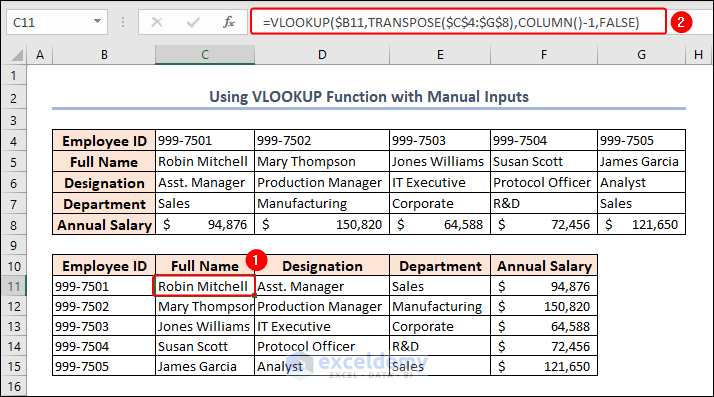 using VLOOKUP with TRANSPOSE and COLUMN functions to swap columns and rows in Excel