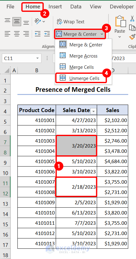 Selecting Unmerge Cells option for unmerging the merged cells
