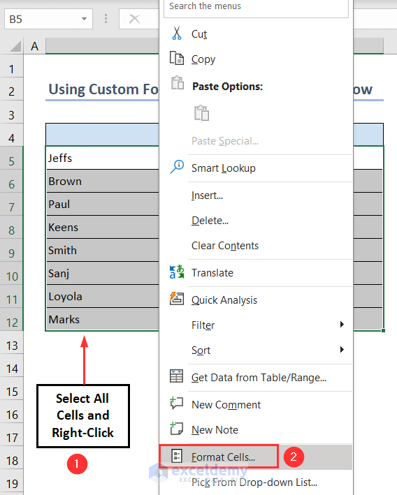Choosing Format Cells option from Context menu