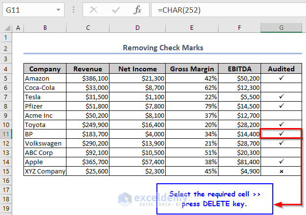 Removing Check Mark in Excel