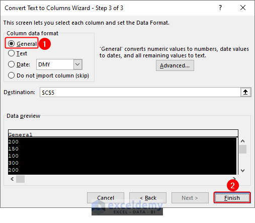 Selecting Column Data Format as General