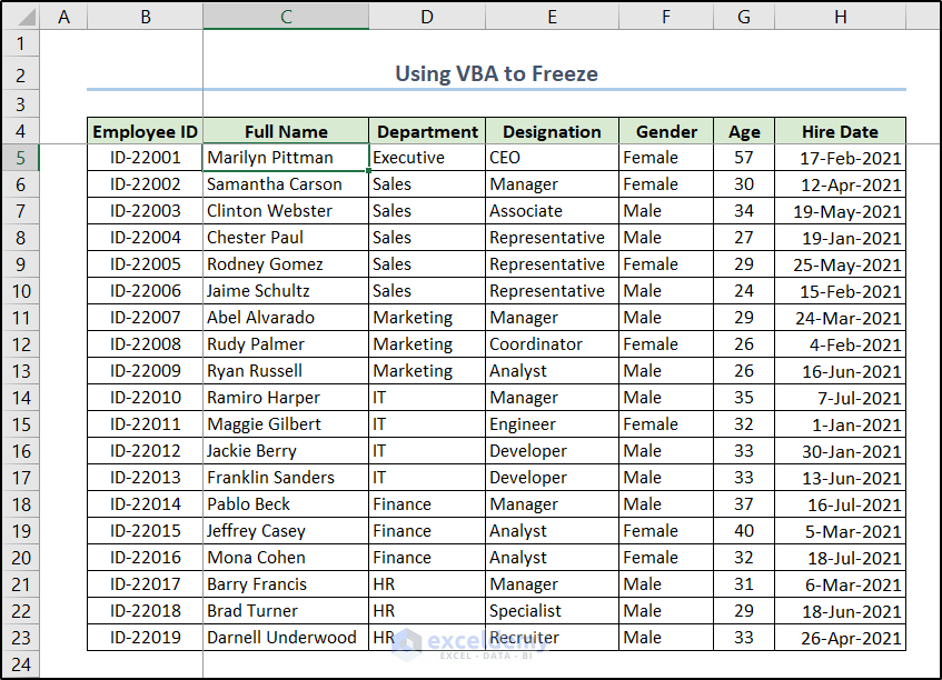 selected panes frozen with vba