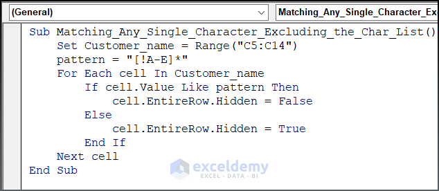 Code image for Matching of Single Character Excluding the Char List