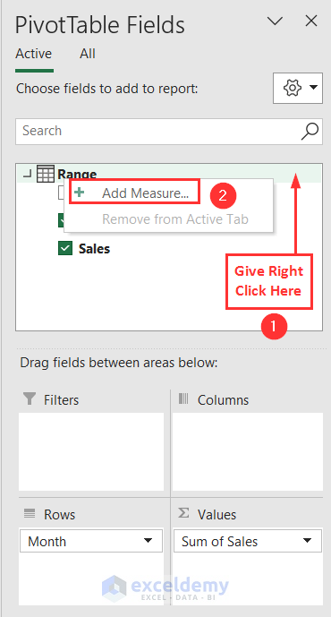 Selecting Add Measure option from Range under PivotTable Fields wizard