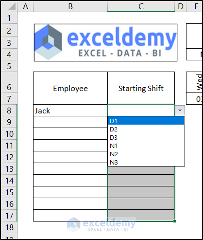 dropdown for starting shifts