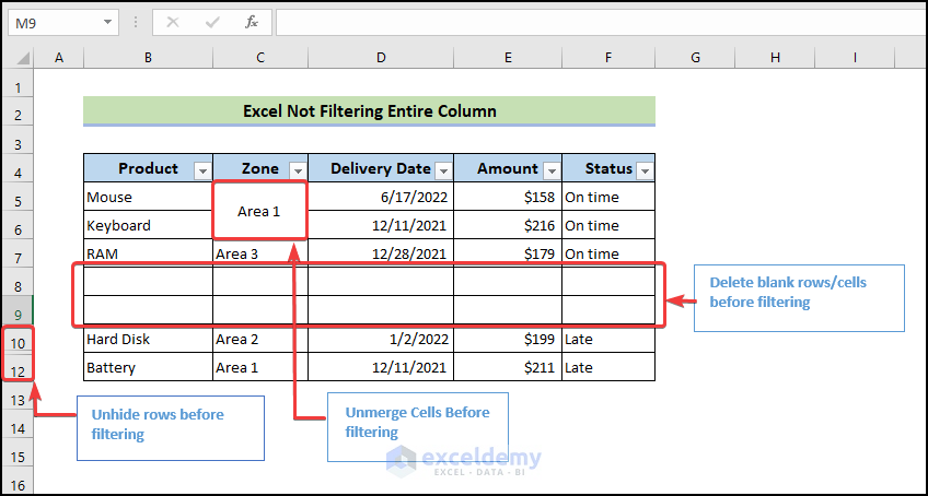 overview image of Excel not filtering entire column
