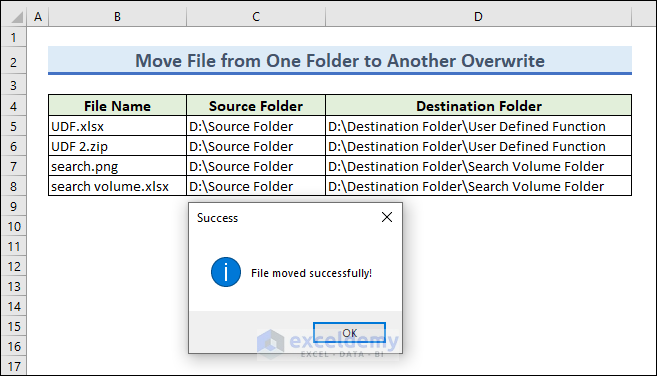 Move files from one folder to another overwrite using Excel VBA