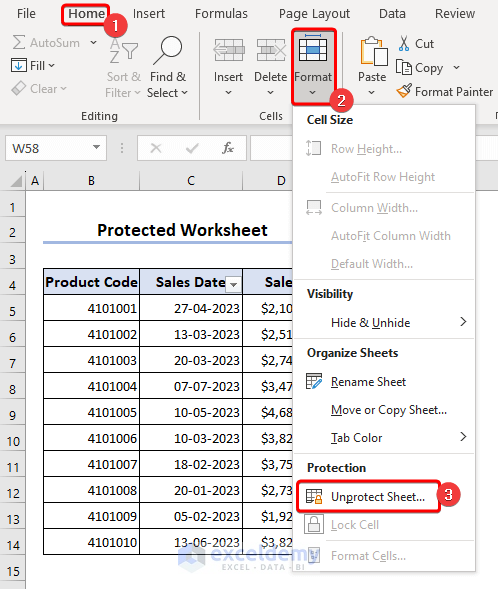 Selecting Unprotect Sheet from Format options