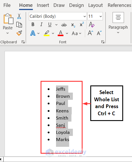 Copying a bulleted list from Word