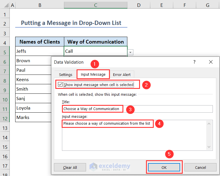 Putting a message in the Input Message tab of the Data Validation window