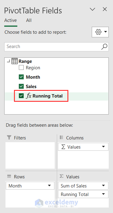 Selecting Running Total value from PivotTable Fields wizard