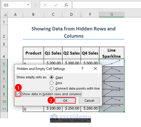Marking the box beside Show data in hidden rows and columns