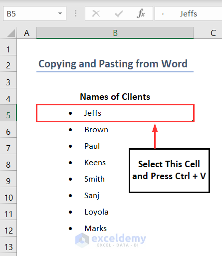 Pasting bulleted list in Excel