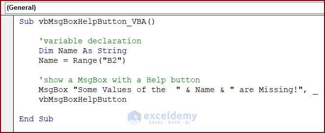 VBA Code for MsgBox with Help Button
