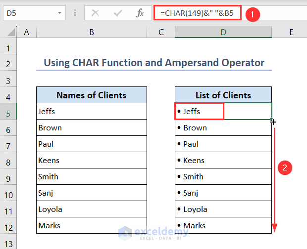 Using CHAR function and ampersand operator to make a bulleted list