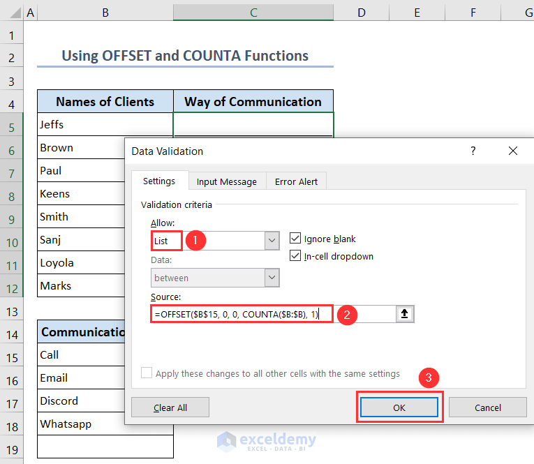 Putting OFFSET and COUNTA functions in the Source menu under the Data Validation window