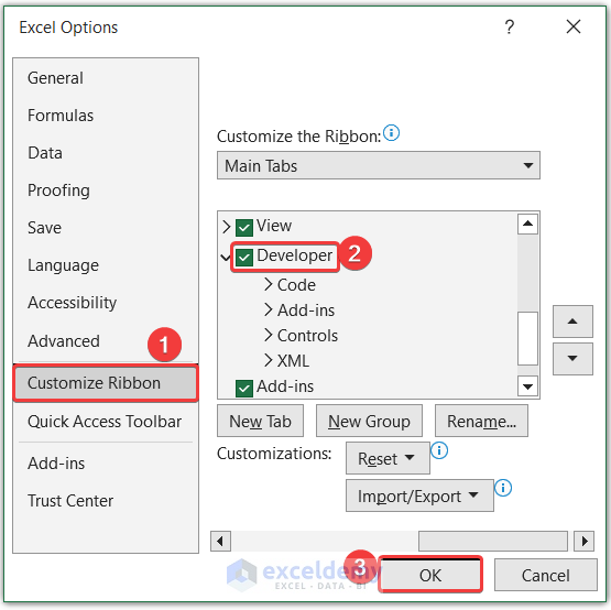 Activating Developer Tab in Excel Options Wndow