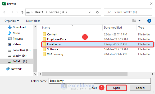 Choosing the folder from which data is exported