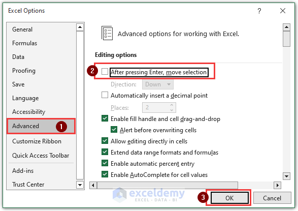Excel Advanced Options.