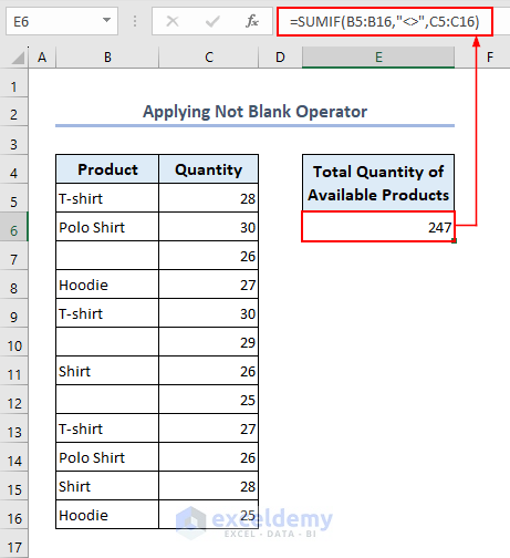 Formula used to calculate not blank cells with SUMIF function applying not blank operator
