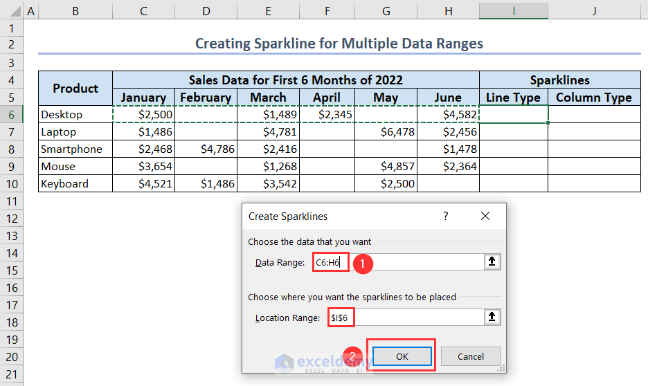 Putting Data and Location Range in Create Sparklines window