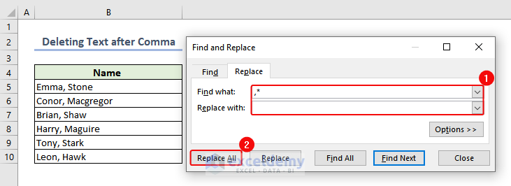 Using Find and Replace Dialogue Box
