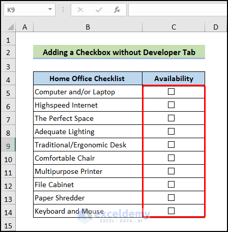 adding a checkbox without developer tab