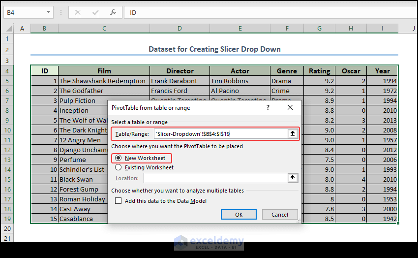Defining input and output range for pivot table