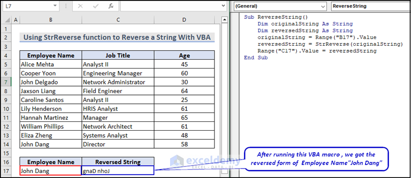 Final Output Image of VBA Code to Reverse a String Using the StrReverse function