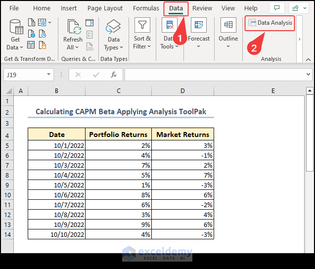 Opening data analysis toolpak for beta calculation
