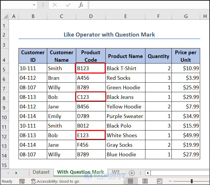 Dataset for Excel VBA Like Operator with Question Mark