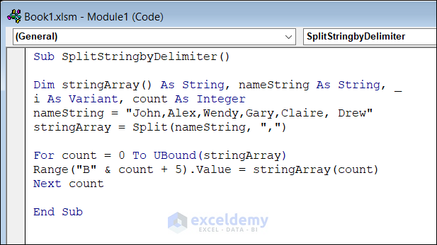 VBA code Using Split Function to Split String by Delimiter in Excel