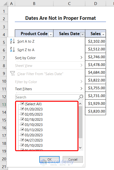 Illustrating that Excel date filter not grouping by month