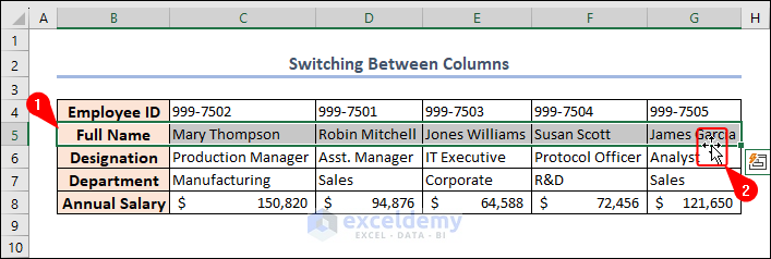 selecting row to swap in excel