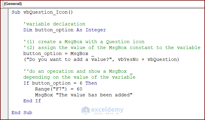 VBA Code for MsgBox with Question Icon